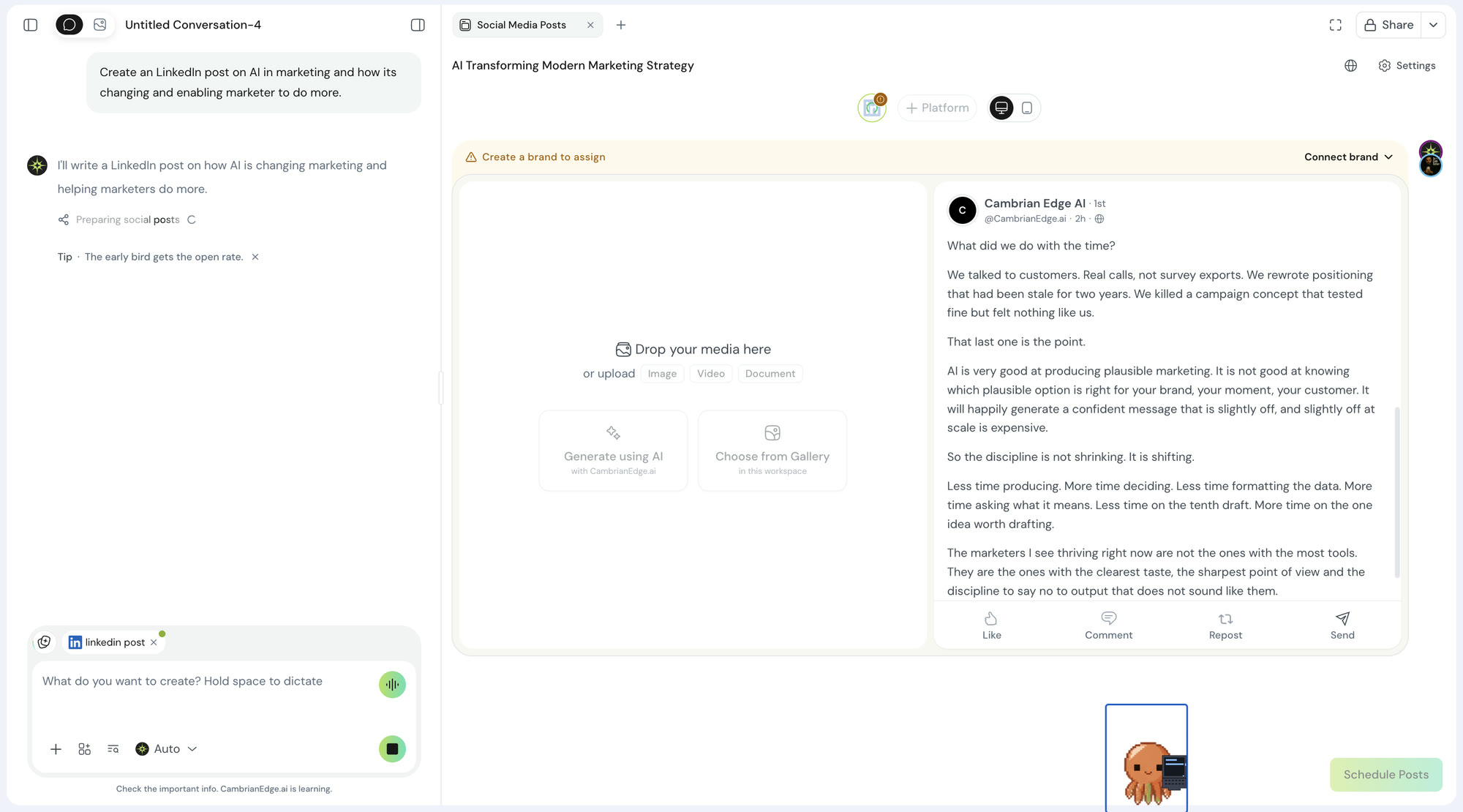 A chat preparing a LinkedIn post, showing its progress and a tip that reads: the early bird gets the open rate, with the post on the right and Omnia typing at a laptop