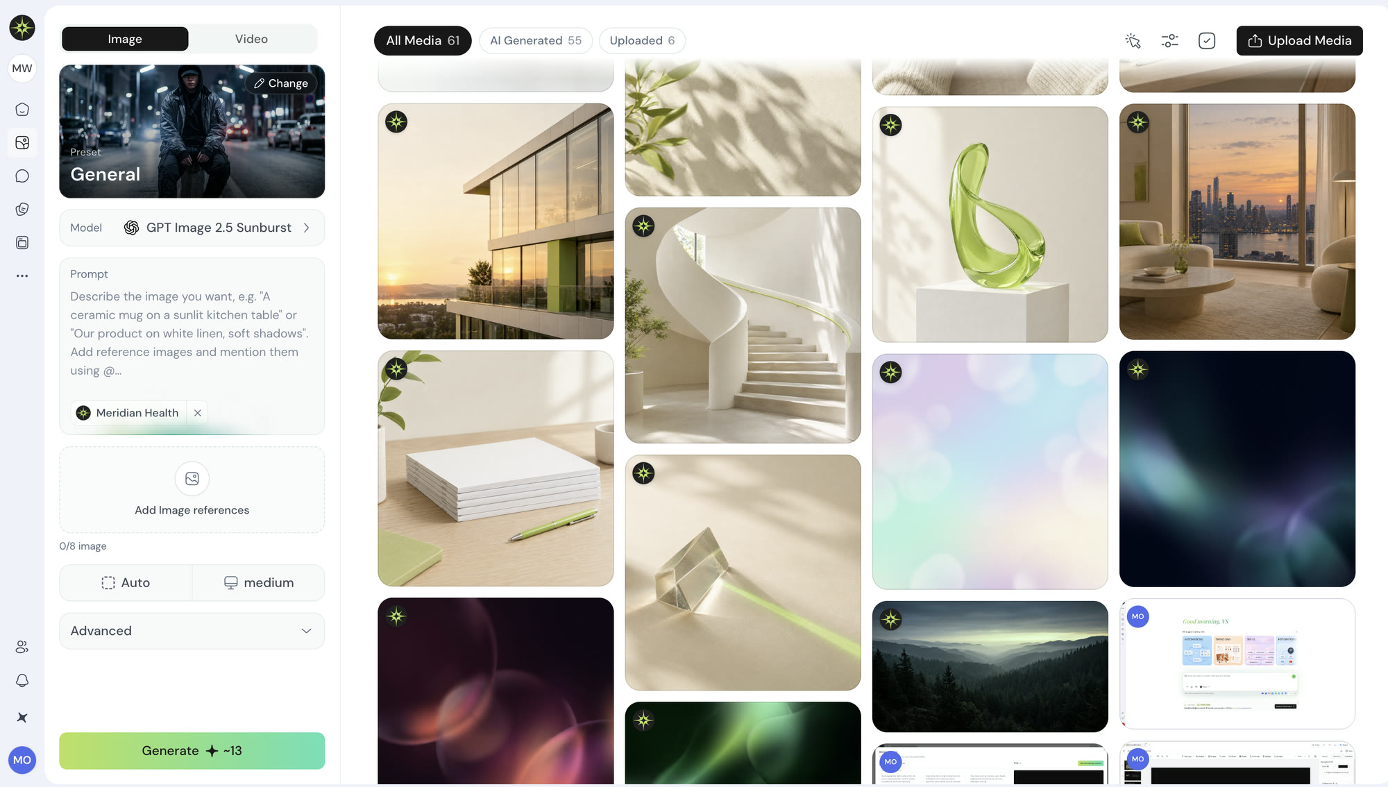 The new gallery with Image and Video tabs, a style preset, a model picker, a prompt box with a Brand DNA attached, and a grid of generated images