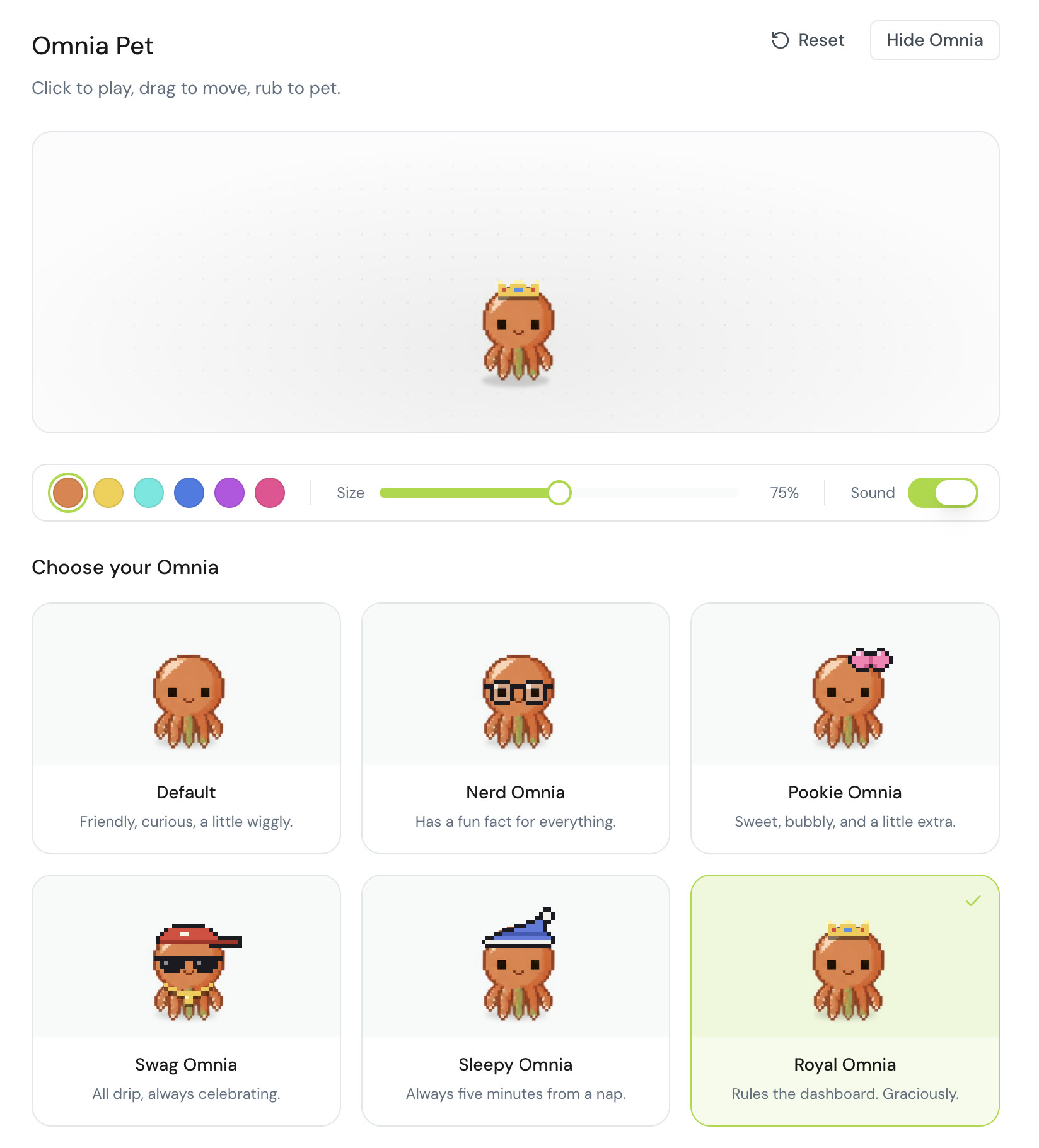 The Omnia Pet settings page with color choices, a size slider, a sound toggle, and six characters: Default, Nerd, Pookie, Swag, Sleepy, and Royal Omnia