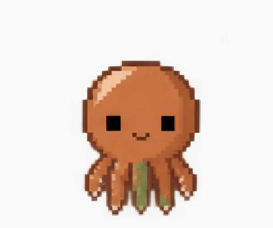 Omnia, a pixel art orange octopus, blinking, looking around, waving, winking, cheering, and taking a nap