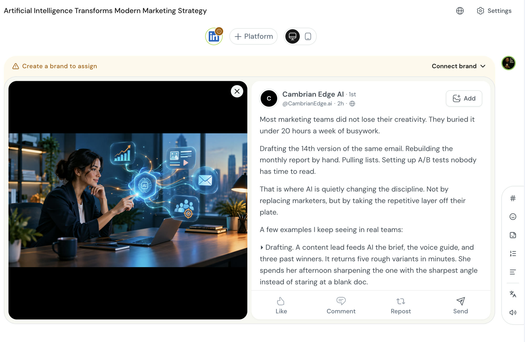 A LinkedIn post in the new wide view, with the image on the left and the post text on the right