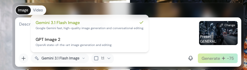 Image generation form with a dropdown showing model options