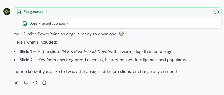 Agent generating a 2-slide PowerPoint titled Dogs Presentation.pptx