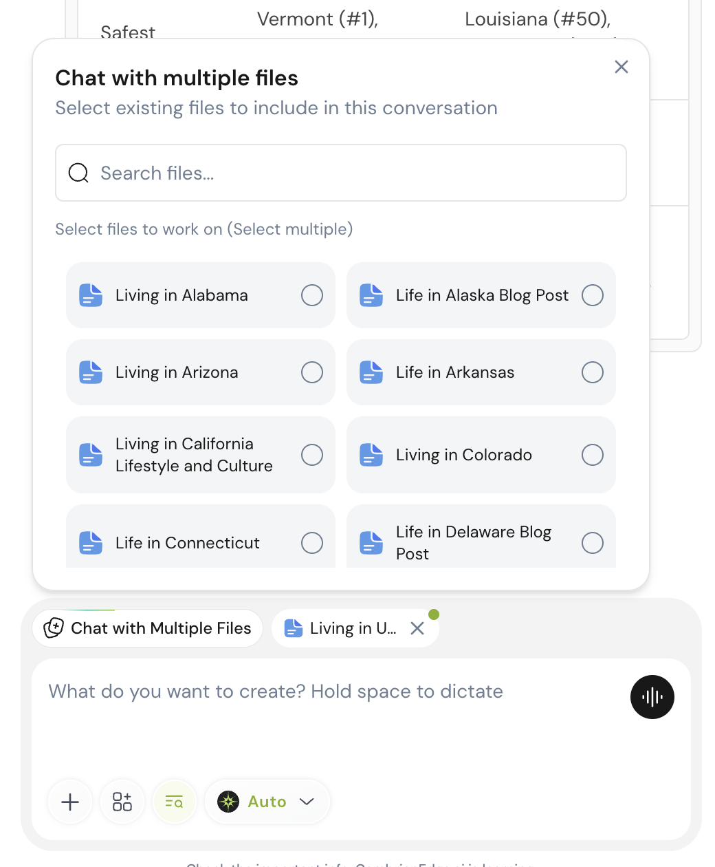 A panel for selecting several existing files to include in one conversation