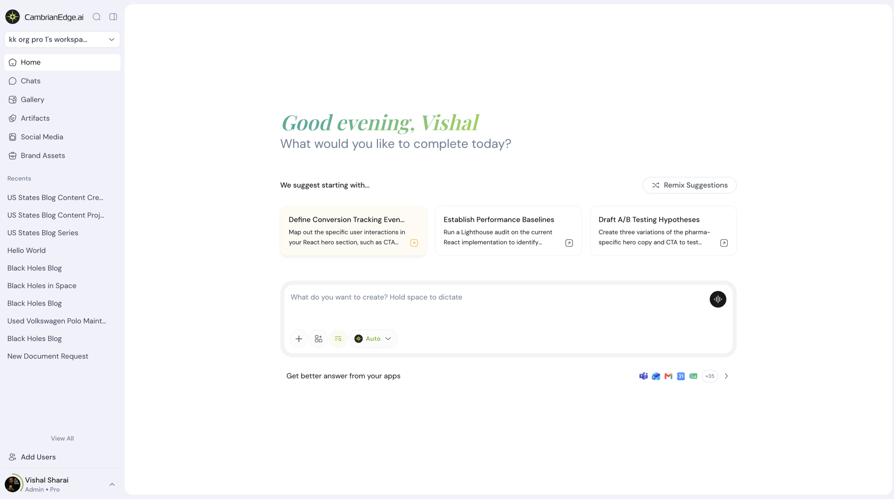 The CambrianEdge home screen with a greeting, suggested starting points, and a create box