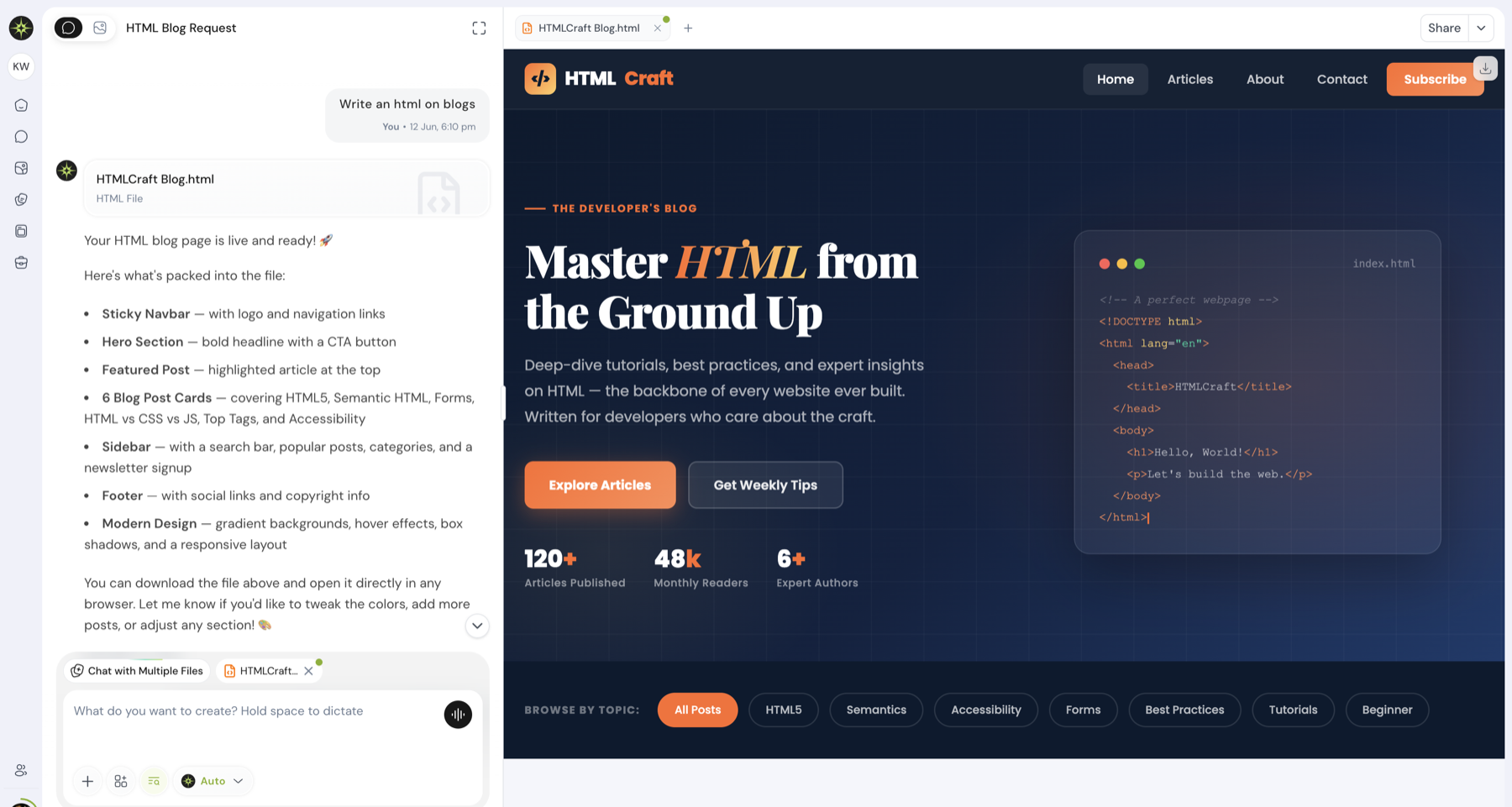 A finished HTML web page previewed beside the chat that built it