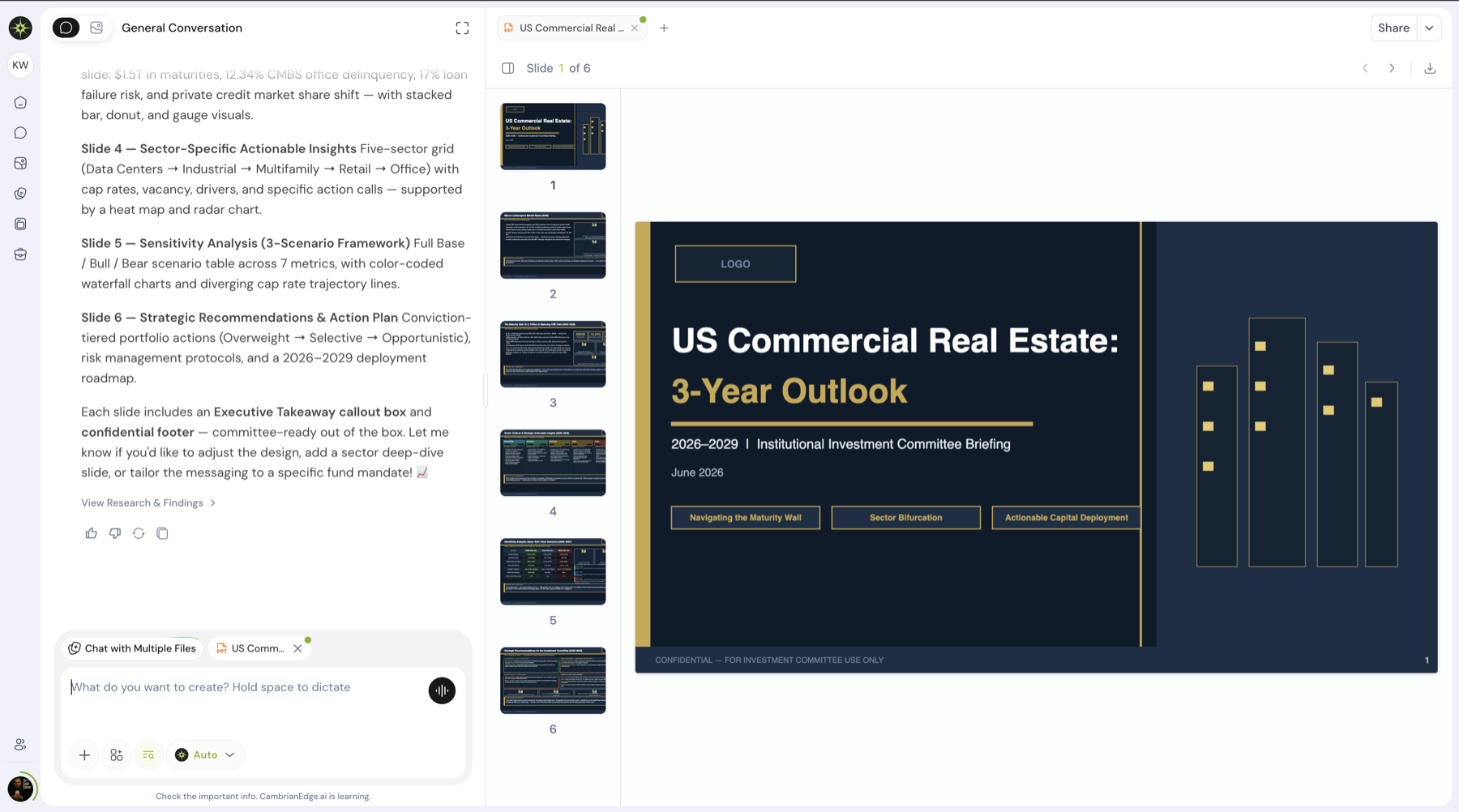 A finished multi-slide presentation previewed beside the chat that built it