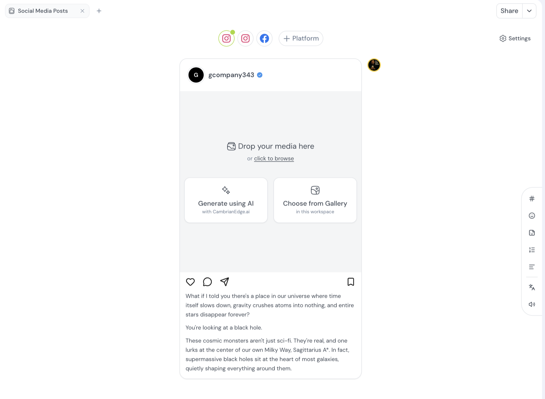The social media post builder with platform icons up top, a media area, and the caption below