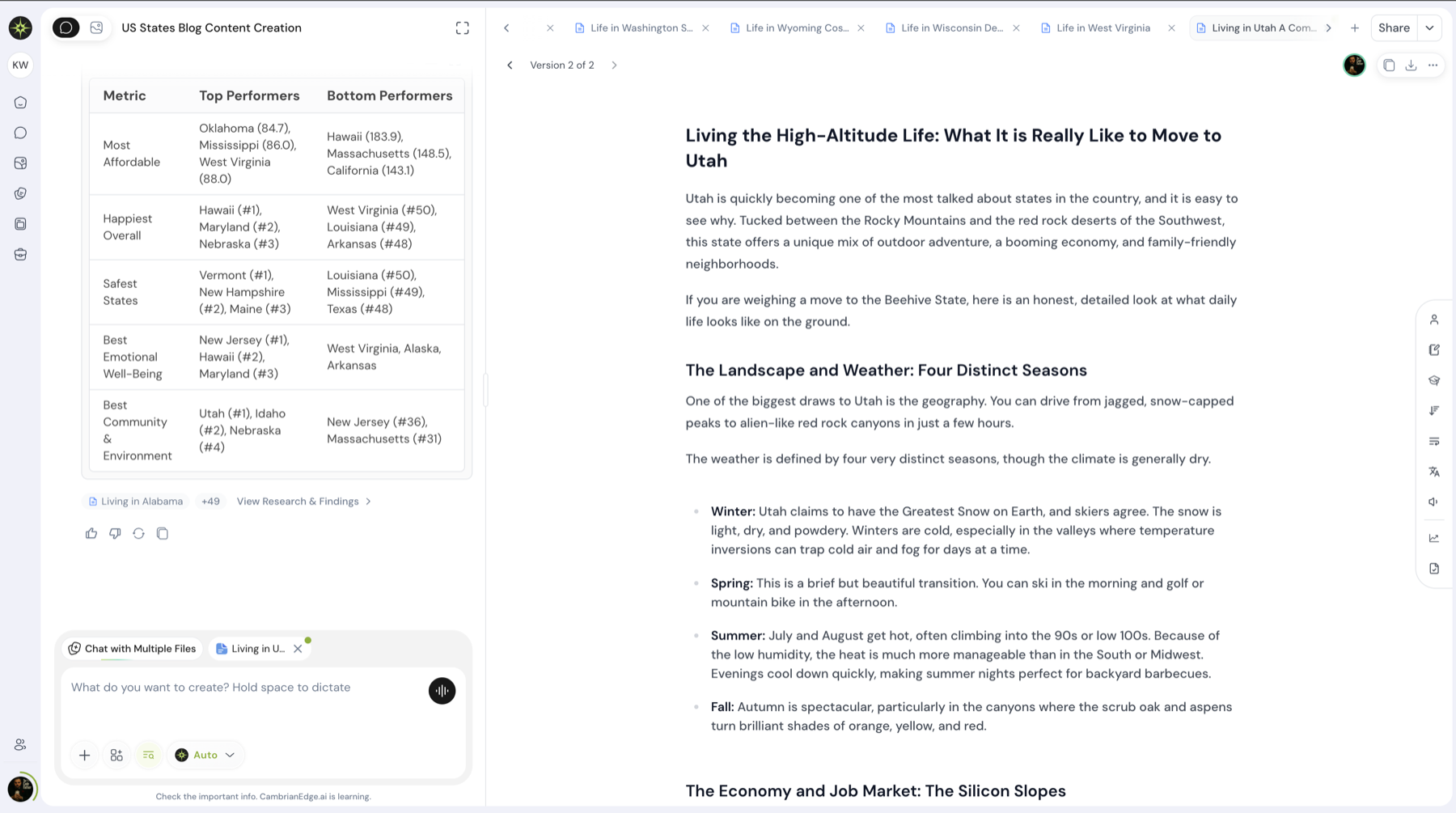 Several documents open as tabs across the top of the editor, beside the chat