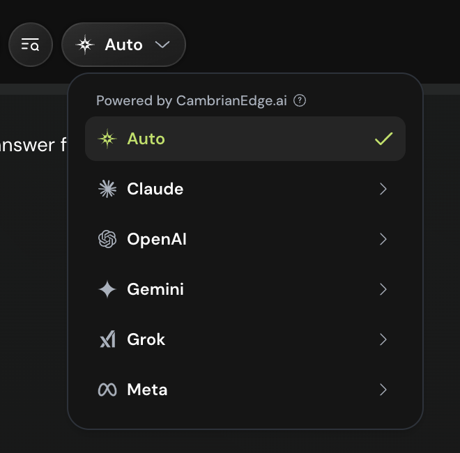 The model menu open with Auto selected, and Claude, OpenAI, Gemini, Grok, and Meta listed below