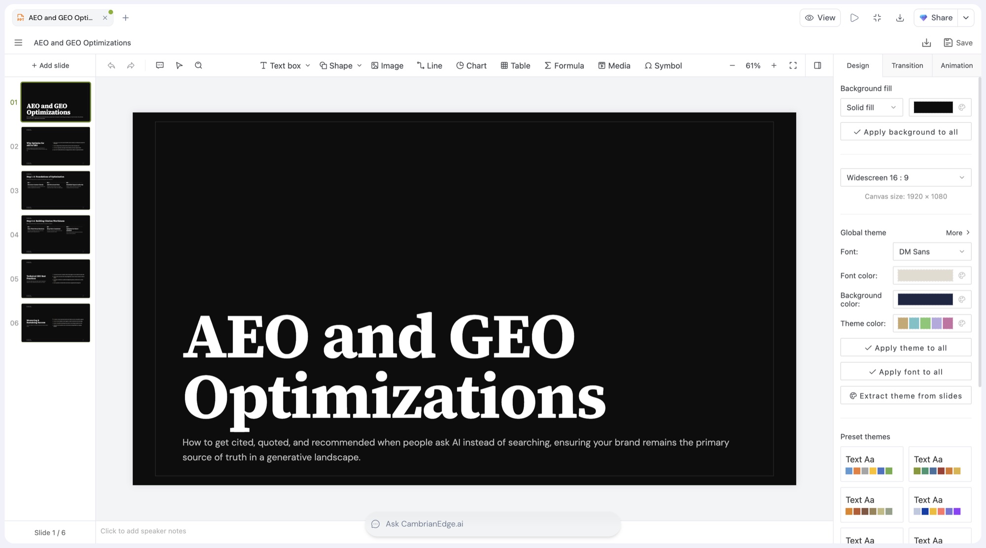 The full-screen deck editor with slide thumbnails, a title slide, and design controls for fonts, colors, and themes