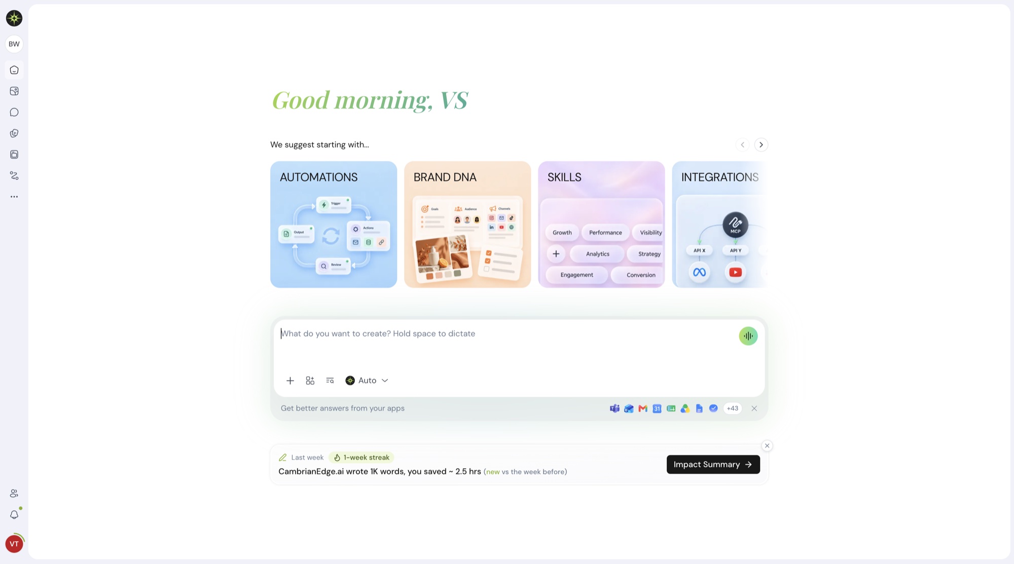 The new CambrianEdge homepage with a personal greeting, suggested starting cards, and one box to type in