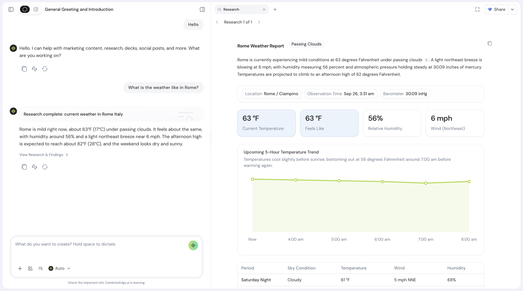 A research report on the weather in Rome, laid out with headline figures, a temperature chart, and a forecast table next to the chat