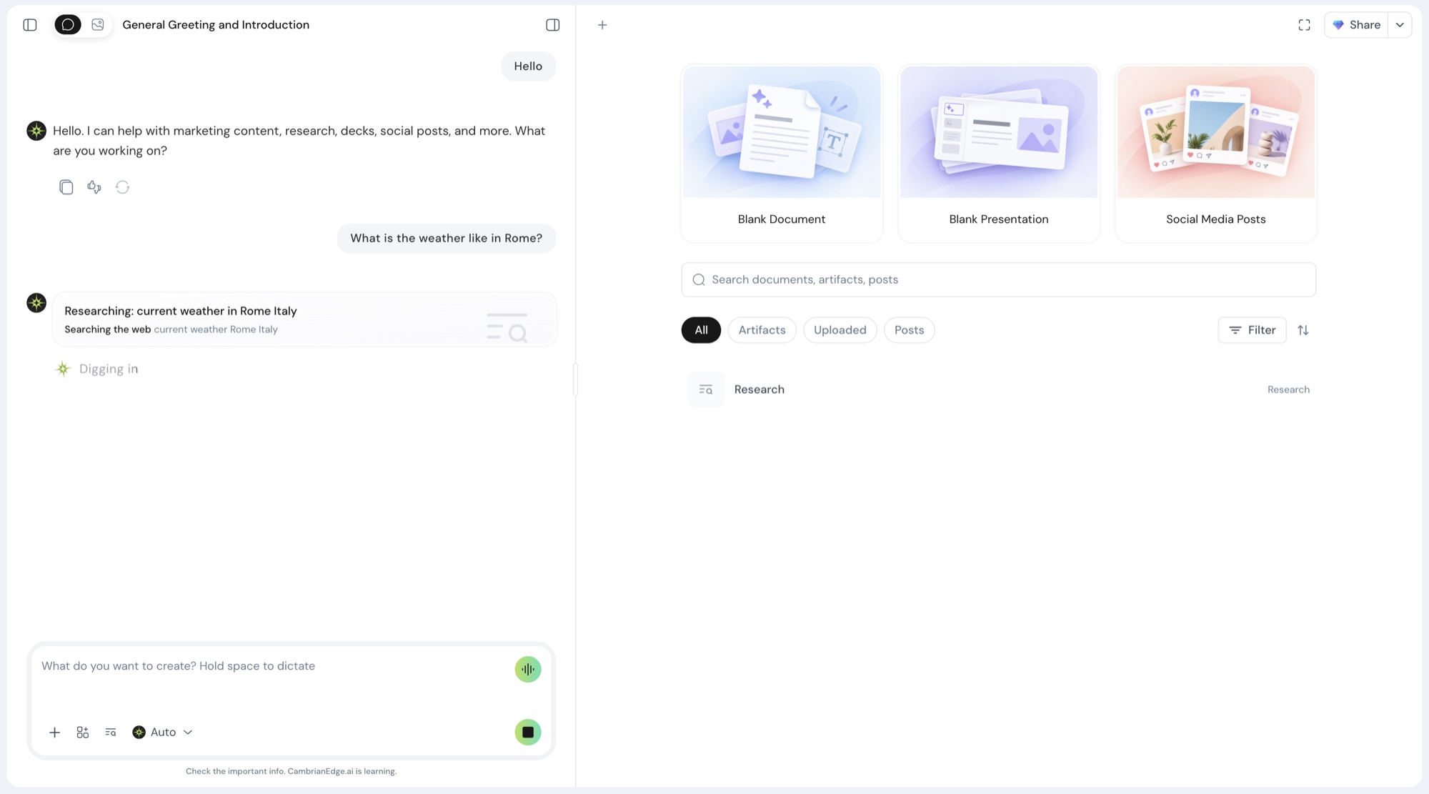 A conversation on the left and the workspace on the right, with one-click starts for a blank document, a blank presentation, or social media posts